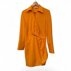 Wmns Bright Orange Zara LS Notched Collar Knee Length Business Casual Dress M